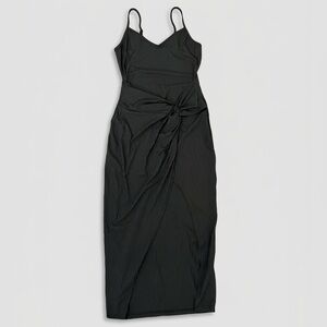 NWOT Black Bodycon Maxi Dress High Side Slit Black Ribbed Twist Knot Size Lg